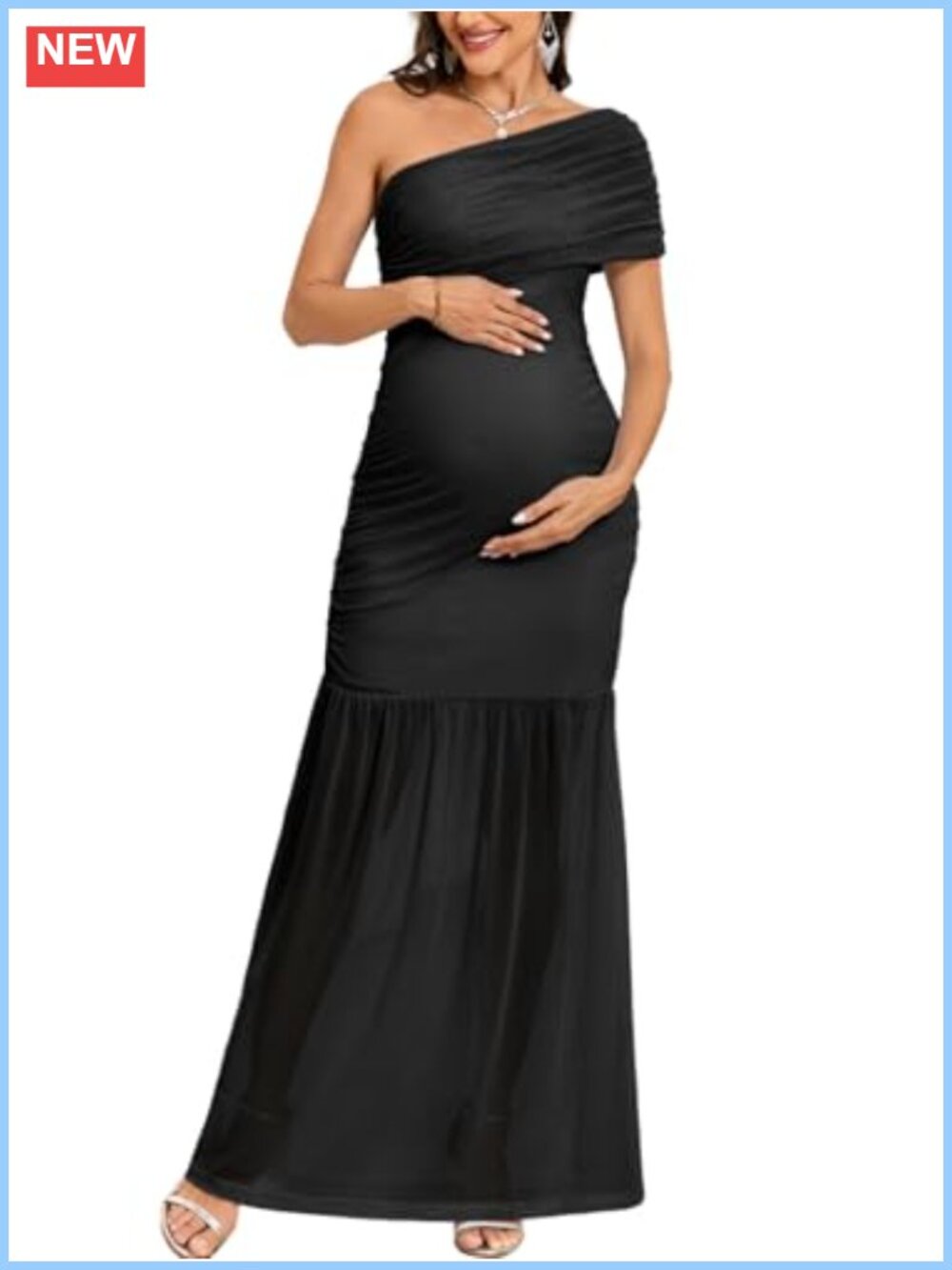 One Shoulder Maternity Mermaid Mesh Ruched Maxi Dress Baby Shower